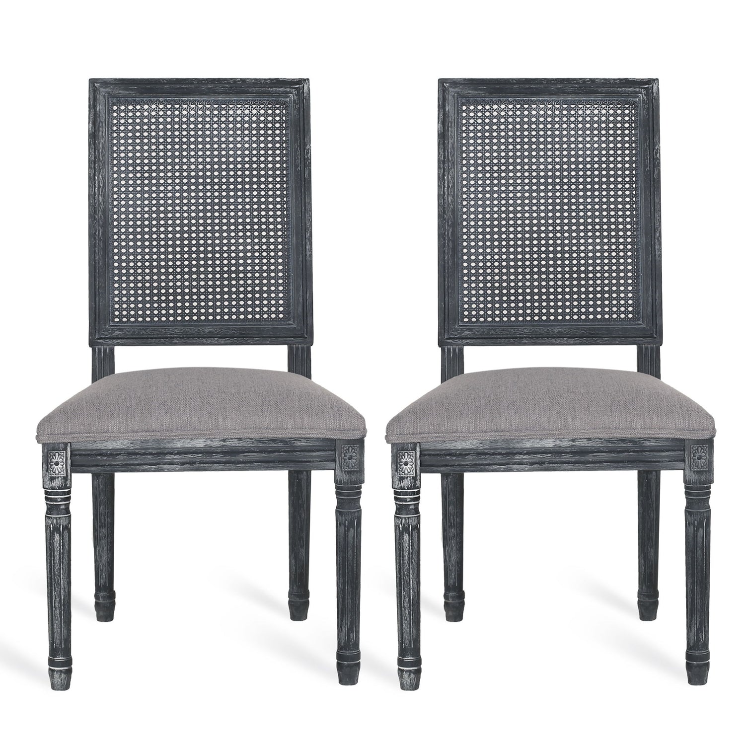 French Country Dining Chair With Rectangular Cane Backrest And Smooth Upholstered Seating