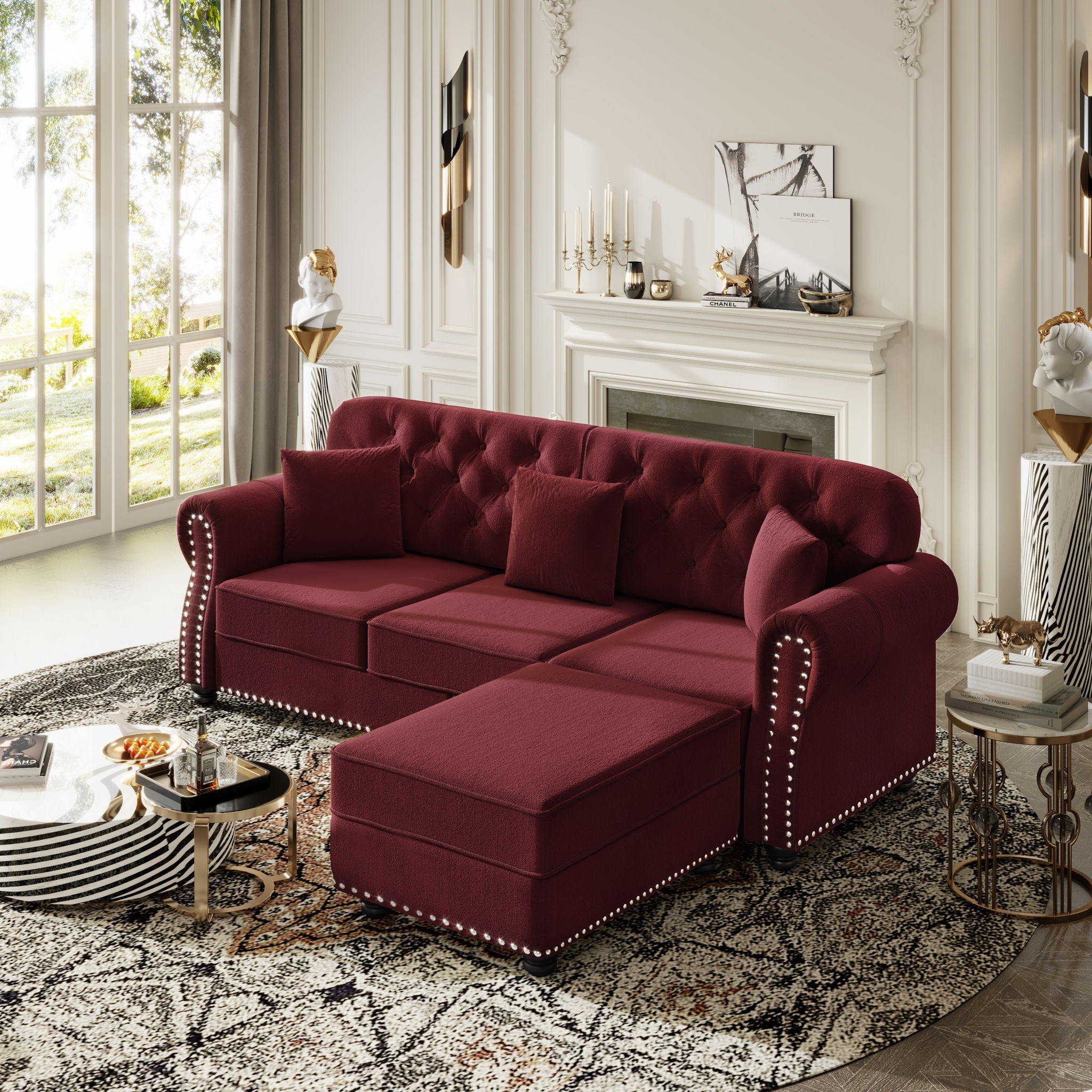 Upholstered 3 Seater Sofa Set With Ottoman