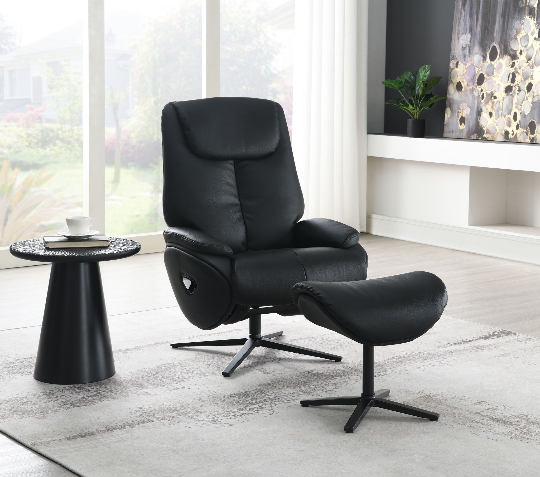 Labotina - Top Grain Leather Accent Chair With Swivel &amp; Ottoman - Black