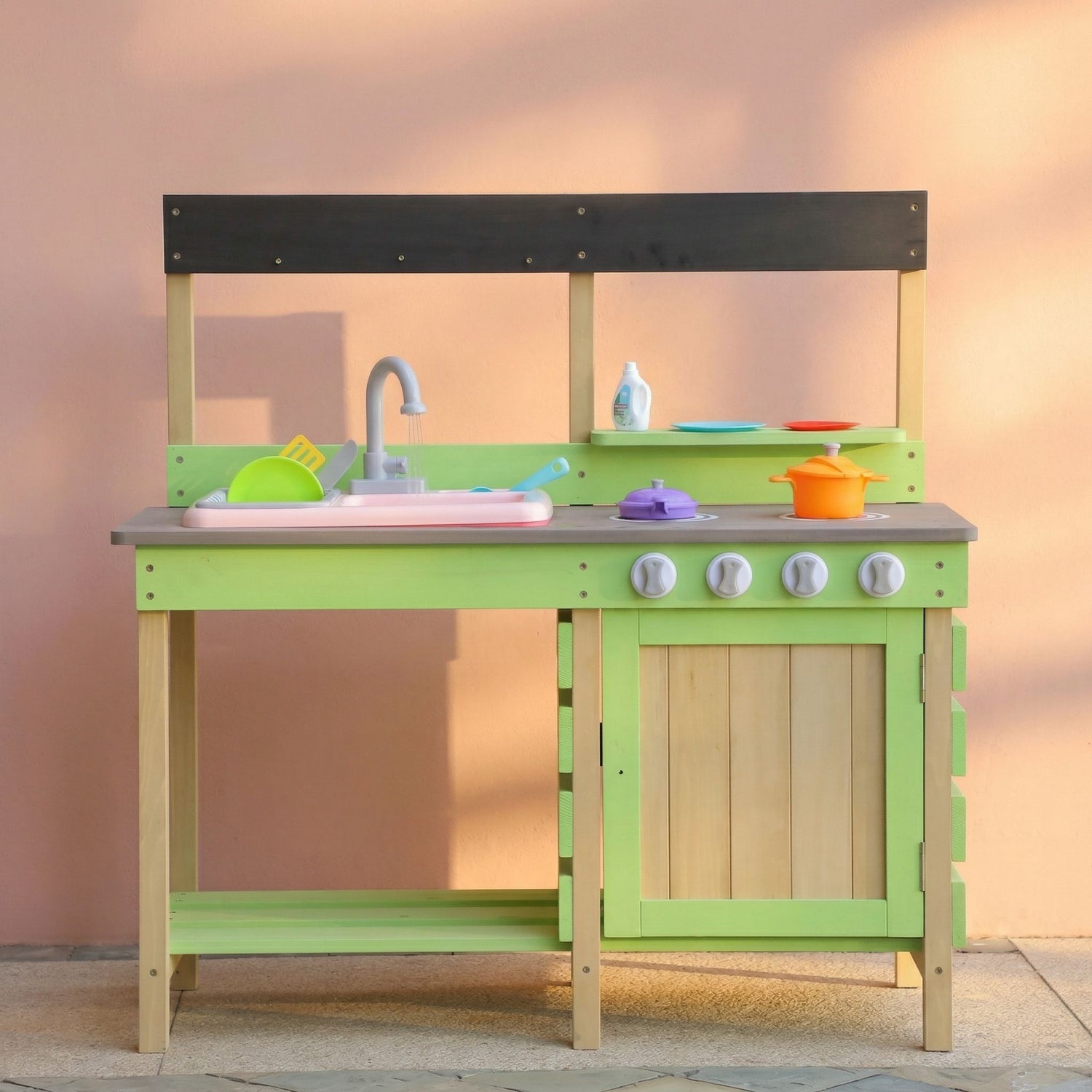 Kids Play Kitchen With Mud Kitchen Set &amp; Water Play Toys For Outdoor Use - Green