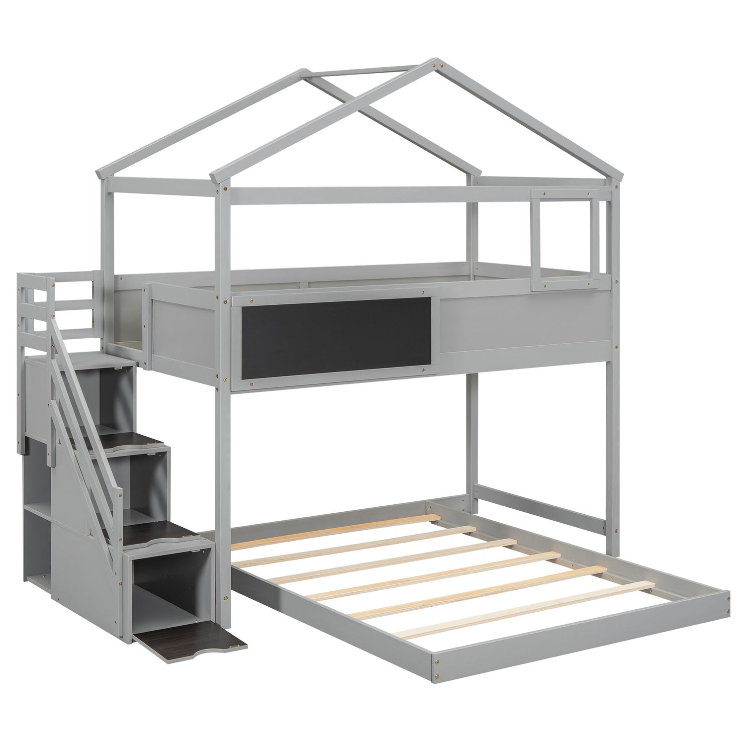 House Style Bunk Bed With Storage Staircase And Blackboard