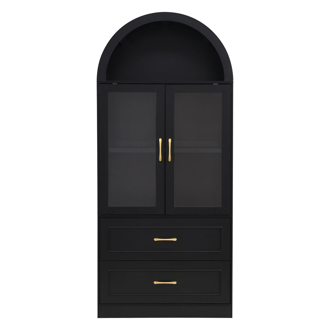 Arched Top Storage Cabinet With Fixed 2 Tier Shelves, 2 Large Drawers