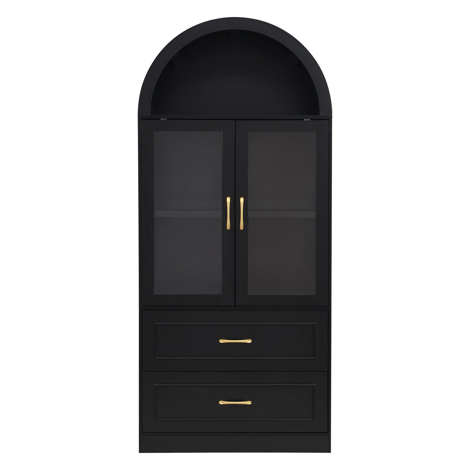 Arched Top Storage Cabinet With Fixed 2 Tier Shelves, 2 Large Drawers