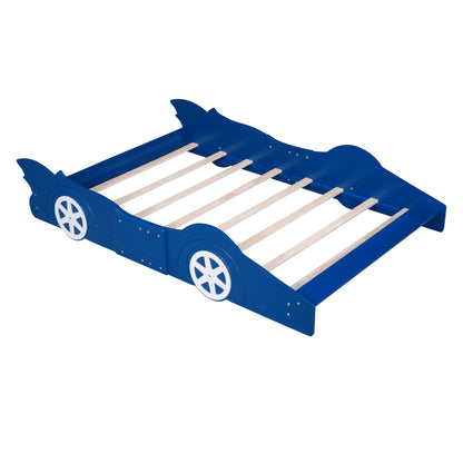 Full Size Race Car-Shaped Platform Bed &amp; Wheels - Blue