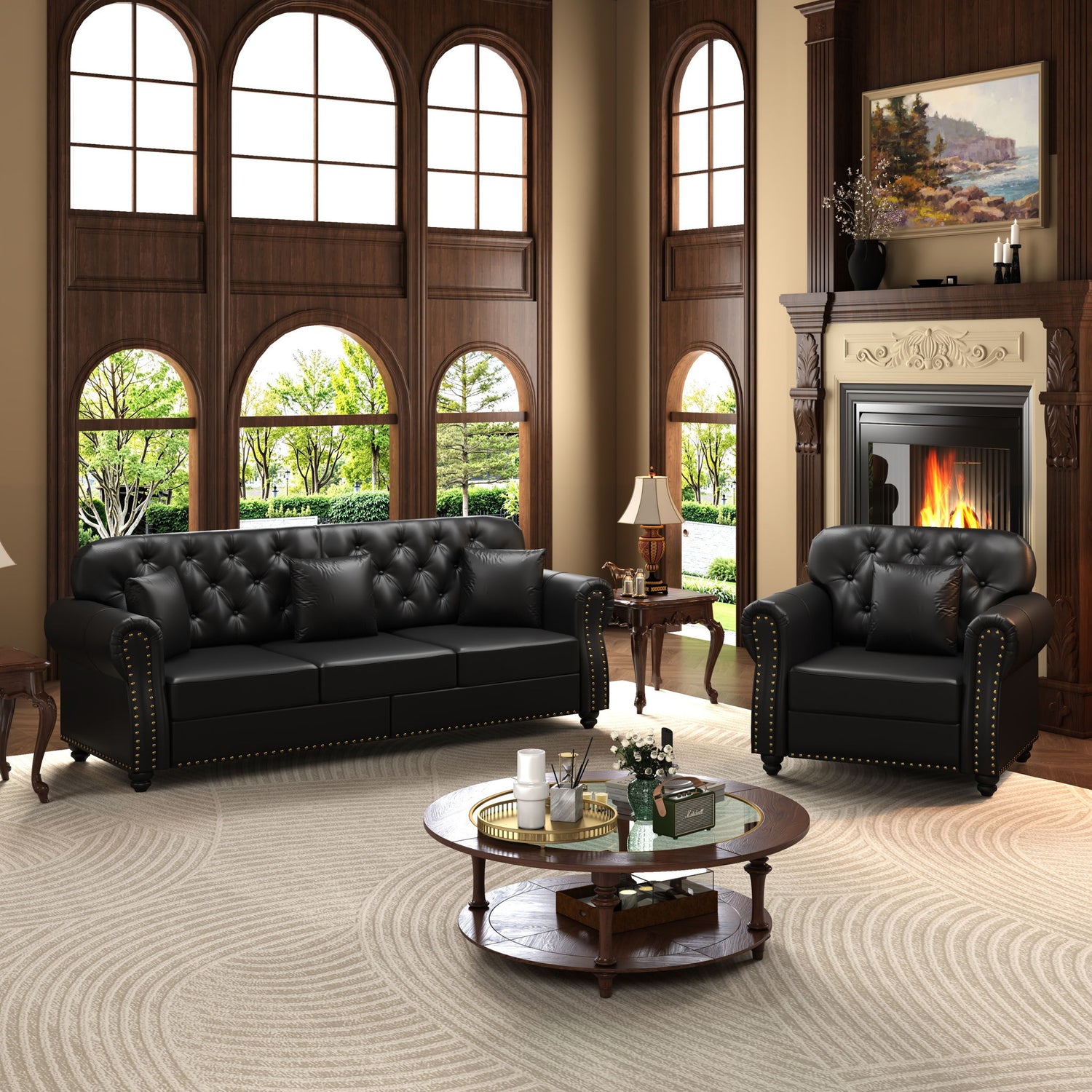 Upholstered Sofa With Nailhead Trim, Rolled Armrests With Ottoman