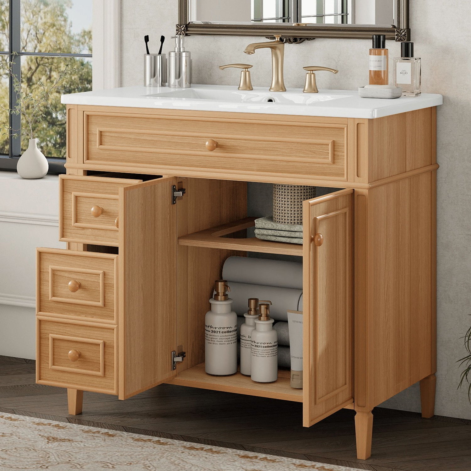 Bathroom Vanity With Sink, 3 Drawers &amp; 2 Doors
