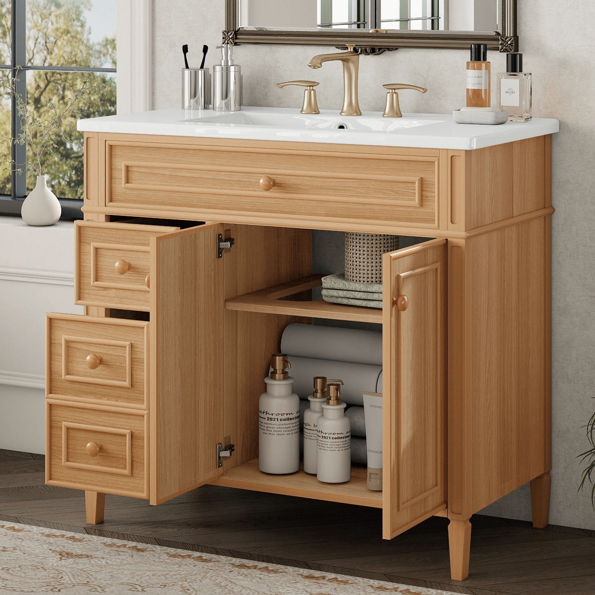 Bathroom Vanity With Sink, 3 Drawers &amp; 2 Doors