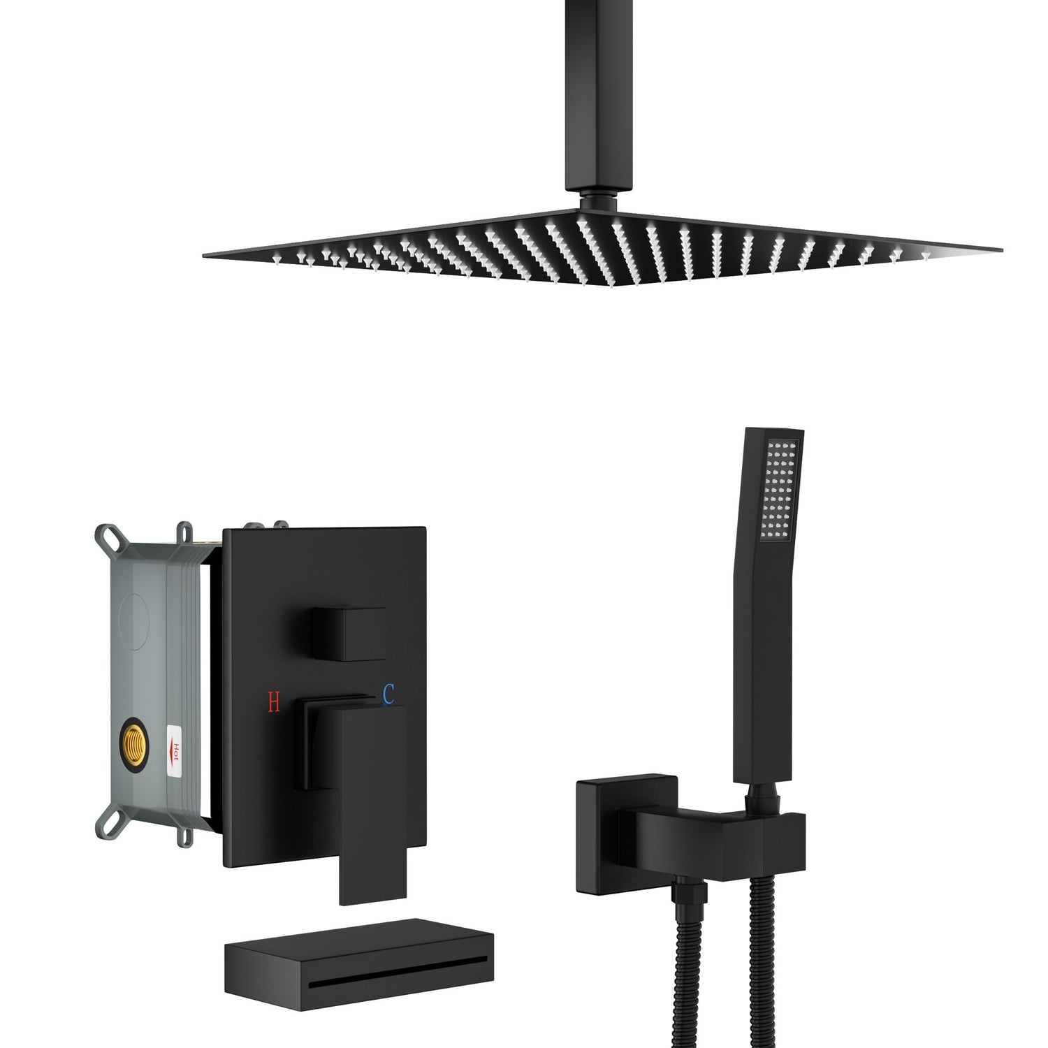 12&quot; Ceiling Mount Shower System With Waterfall Tub Spout And Rough In Valve - Matte Black