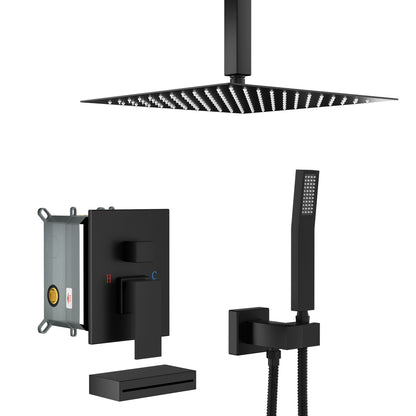 12&quot; Ceiling Mount Shower System With Waterfall Tub Spout And Rough In Valve - Matte Black