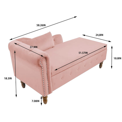 Chaise Lounge Indoor, Velvet Lounge Chair For Bedroom With Storage &amp; Pillow, Modern Upholstered Rolled Arm Chase Lounge For Sleeping With Nailhead Trim For Living Room Bedroom Office