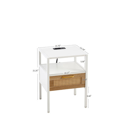 Rattan End Table With Power Outlet &amp; USB Ports, Modern Nightstand With Drawer And Metal Legs, Side Table For Living Room, Bedroom