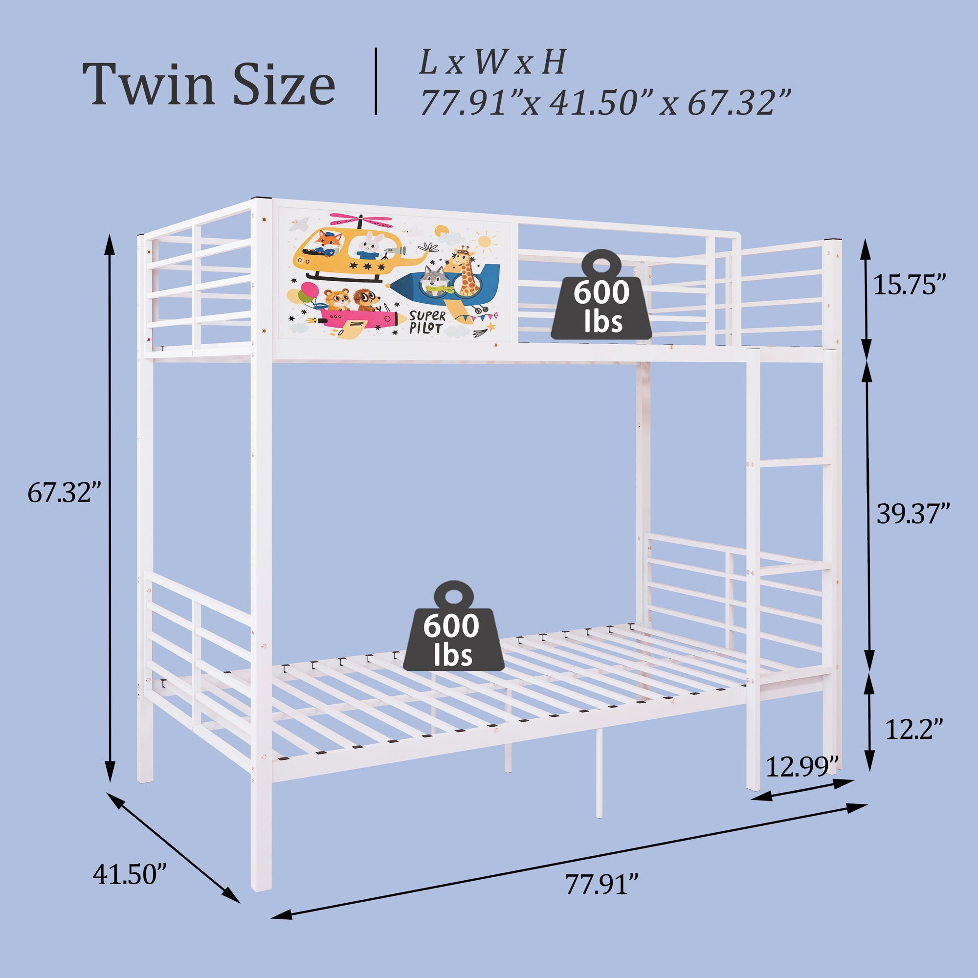 Bunk Bed, Convertible To 2 Separate Twin Size Beds With Full Length Guardrail &amp; Ladder, No Box Spring Needed - White