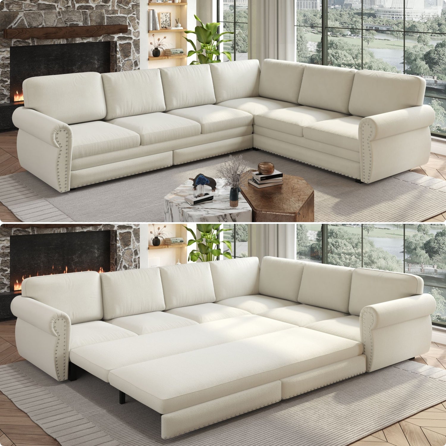 L-Shaped Sofa Couch With Pull Out Bed With Nailhead Trim &amp; Rolled Arm
