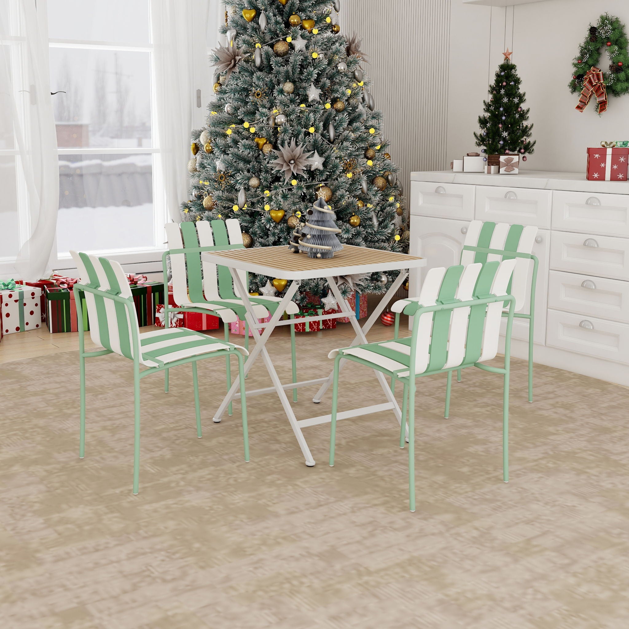 4 Piece Set Of Modern Color Block Designed Single Chairs With Folding Square Table