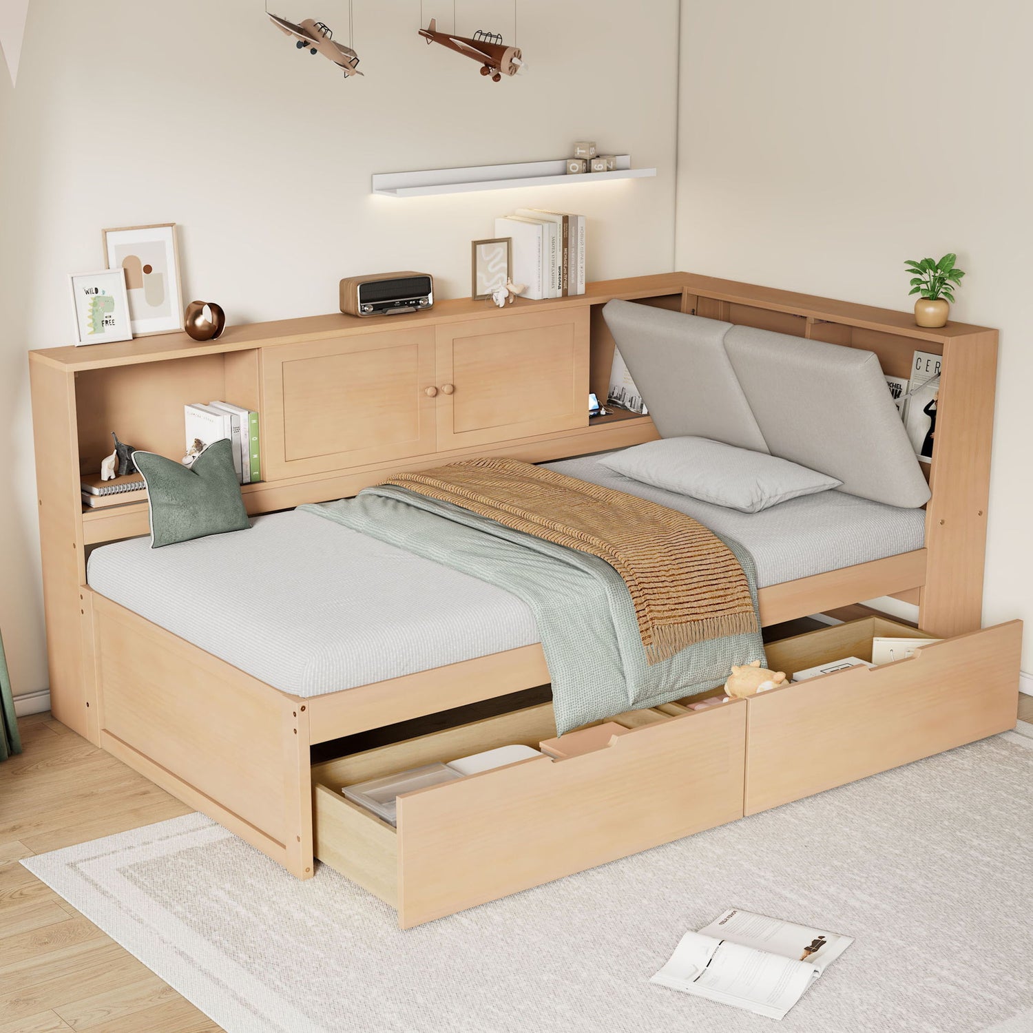 Twin L - Shaped Daybed With Storage Bookcase, Upholstered Headboard, USB Charging Ports &amp; Hidden Drawers - Natural