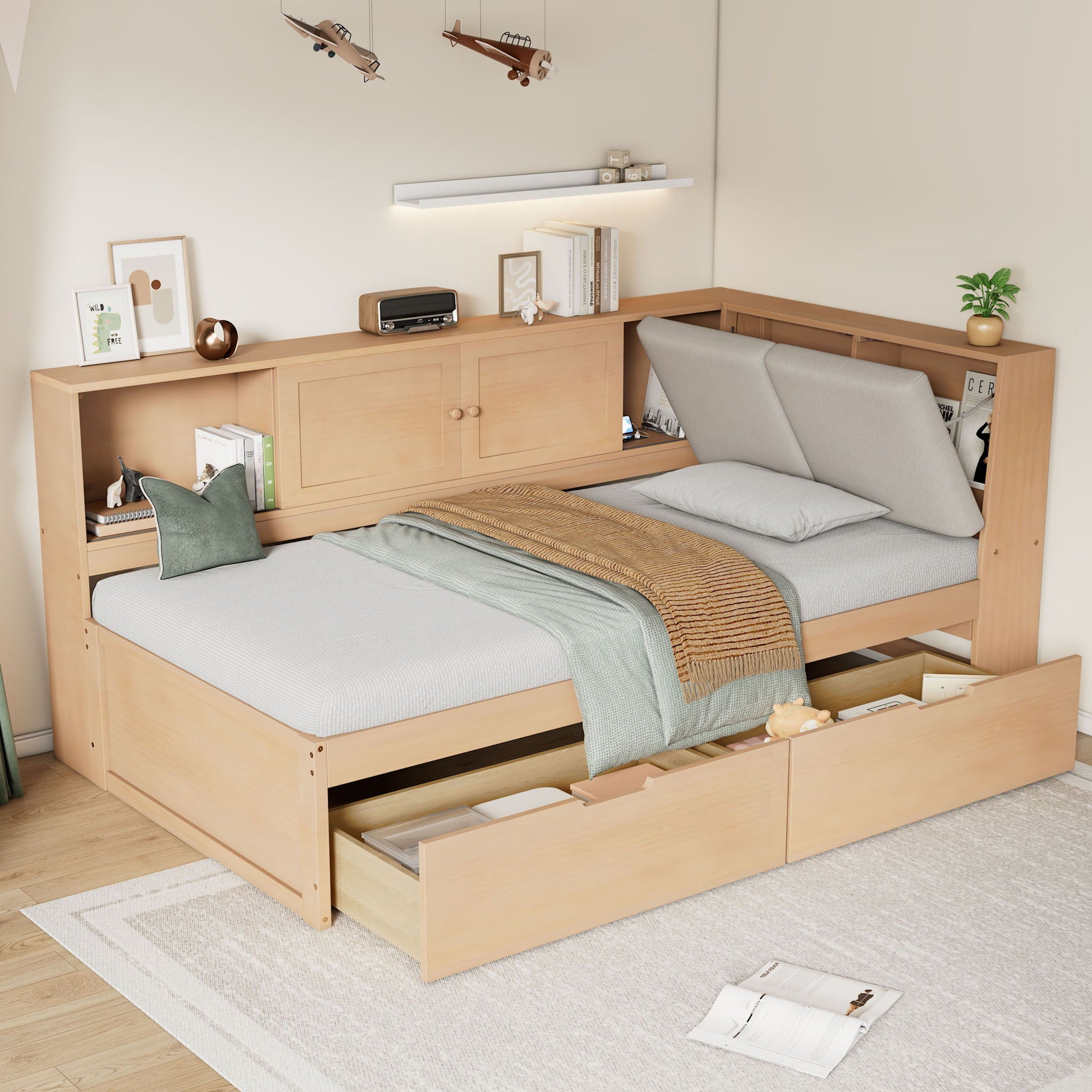 Twin L - Shaped Daybed With Storage Bookcase, Upholstered Headboard, USB Charging Ports &amp; Hidden Drawers - Natural