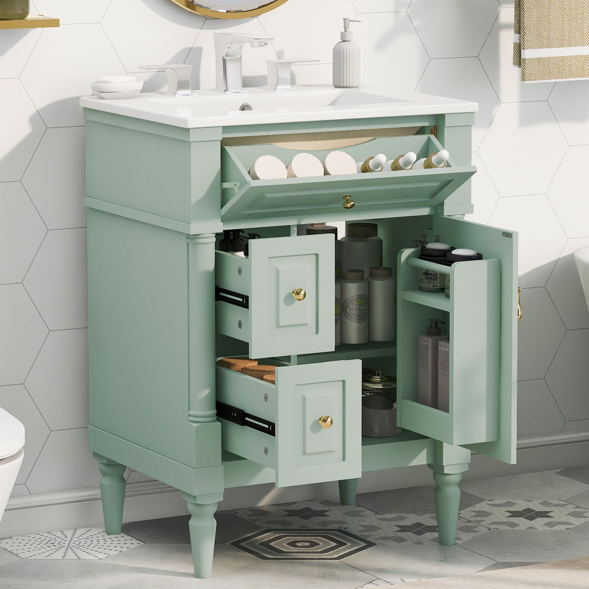 Freestanding Bathroom Vanity With Sink, Adjustable Shelf &amp; Flip Drawer