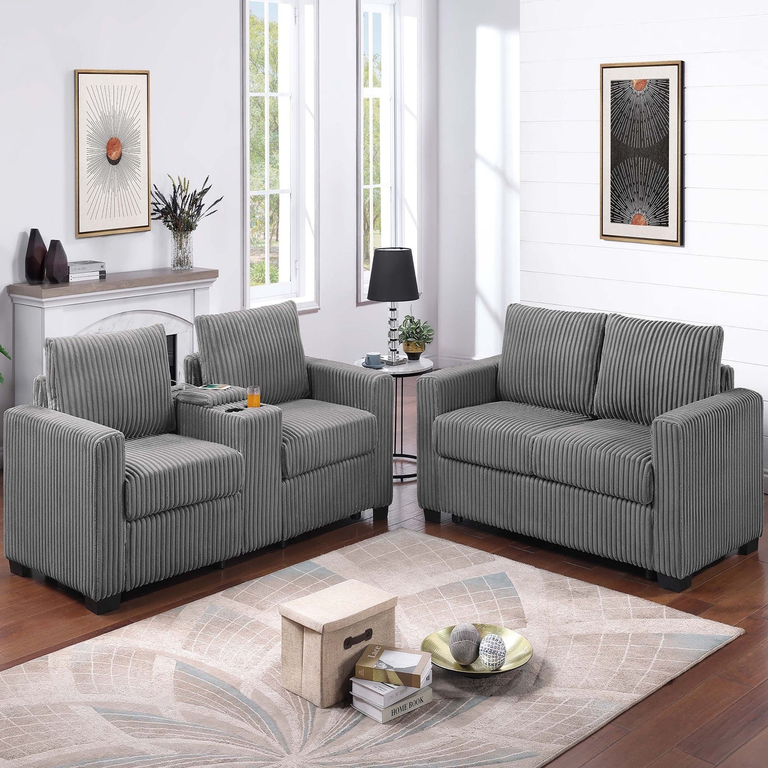 Modern Style 2 Piece Sofa Set With Cup Holders &amp; Charging Port