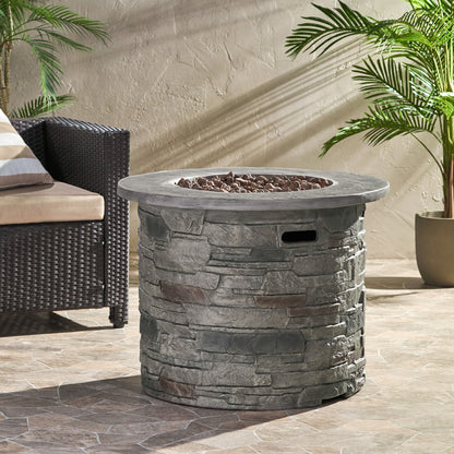 Transitional Outdoor 32&quot; Round Propane Fire Pit Table, Lightweight Concrete Construction - Stone Gray