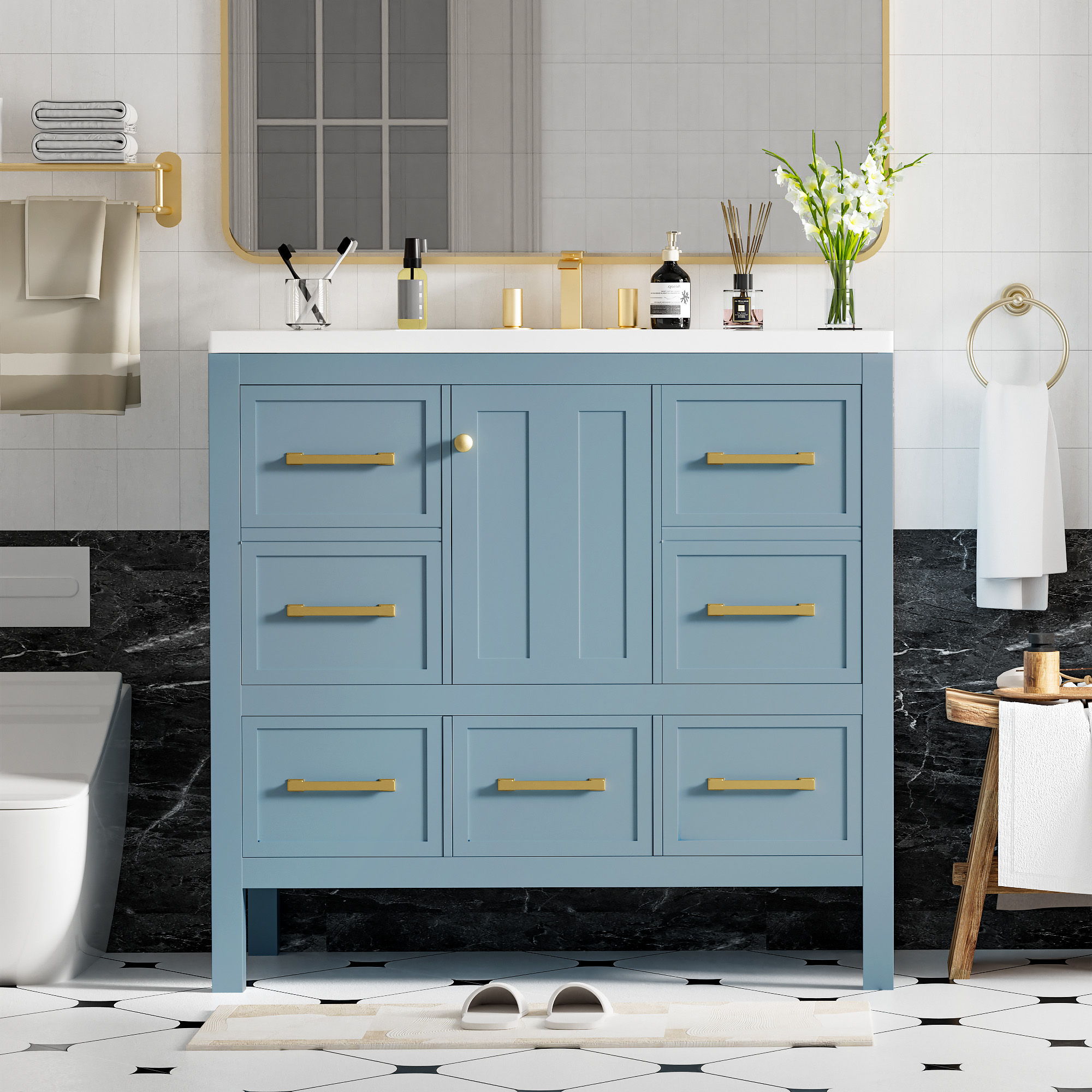 Bathroom Vanity With Resin Sink Combo, Freestanding Set With 5 Drawers