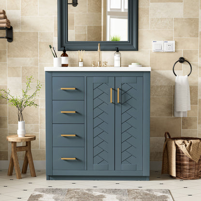 Ceramic Sink Combo, Freestanding Vanity Set With 3 Drawers &amp; Soft Closing Doors