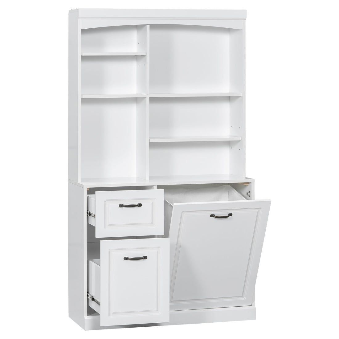 Bathroom Storage Cabinet With Tilt Out Hamper, Tall Free Standing Organizer With Drawers &amp; Adjustable Shelves, Linen Tower With Steel Handles - White