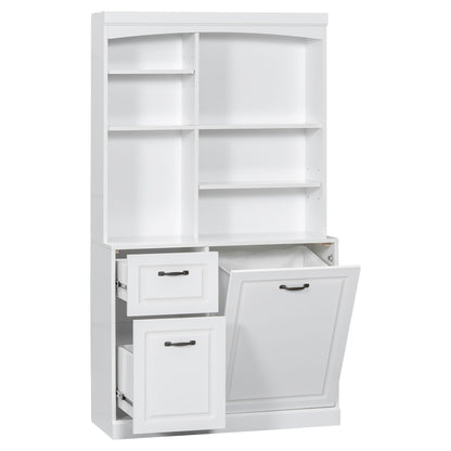 Bathroom Storage Cabinet With Tilt Out Hamper, Tall Free Standing Organizer With Drawers &amp; Adjustable Shelves, Linen Tower With Steel Handles - White