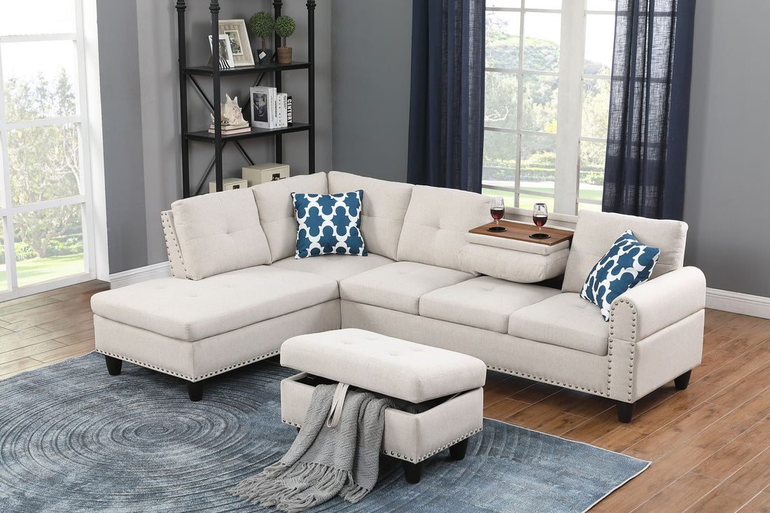 Alger - Wide Left Hand Facing Sofa &amp; Chaise With Ottoman - Beige