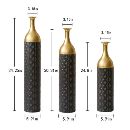 Elegant Floor Vase Set Metal Decorative Vases 3 Piece Set For Floral Display, Wedding &amp; Gift Decor - Gold / Black