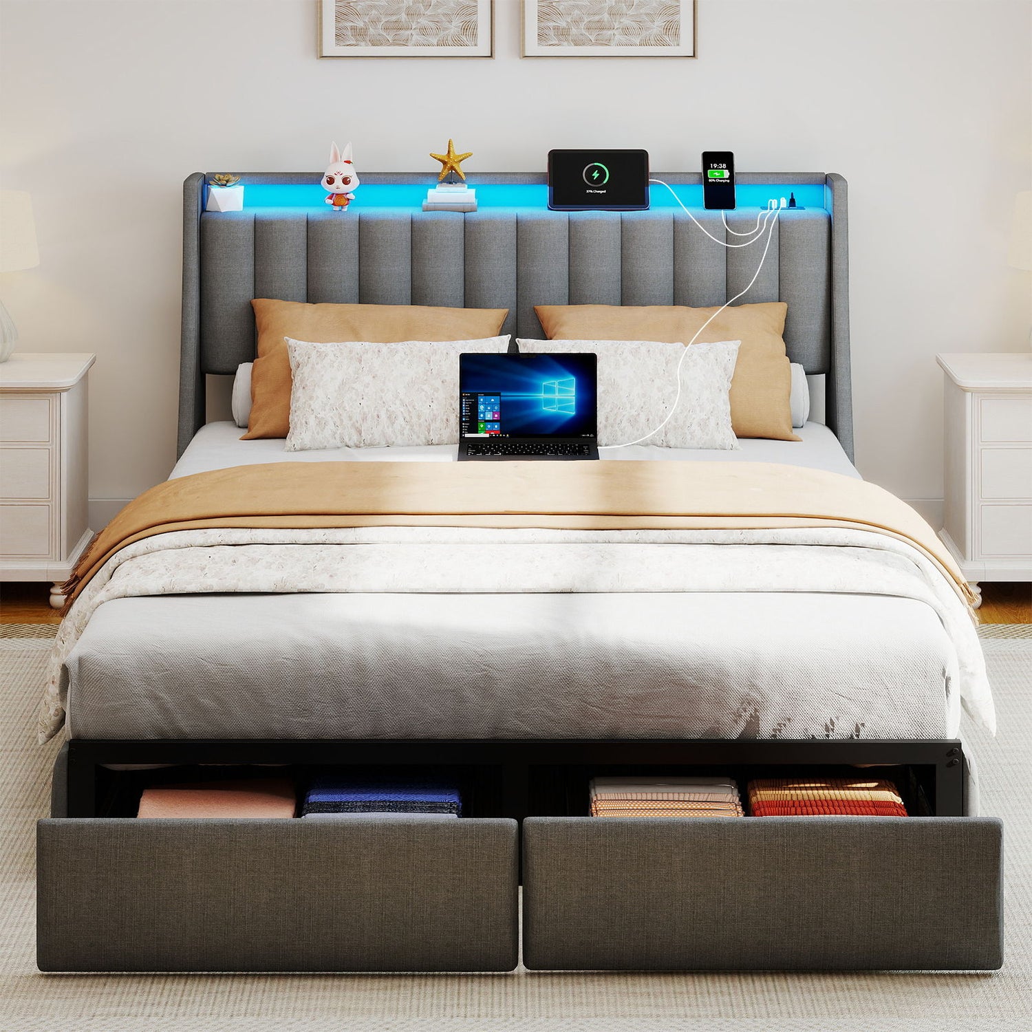 Upholstered Platform Bed Frame With RGB LED Lights, Charging Station &amp; 2 Underbed Drawers