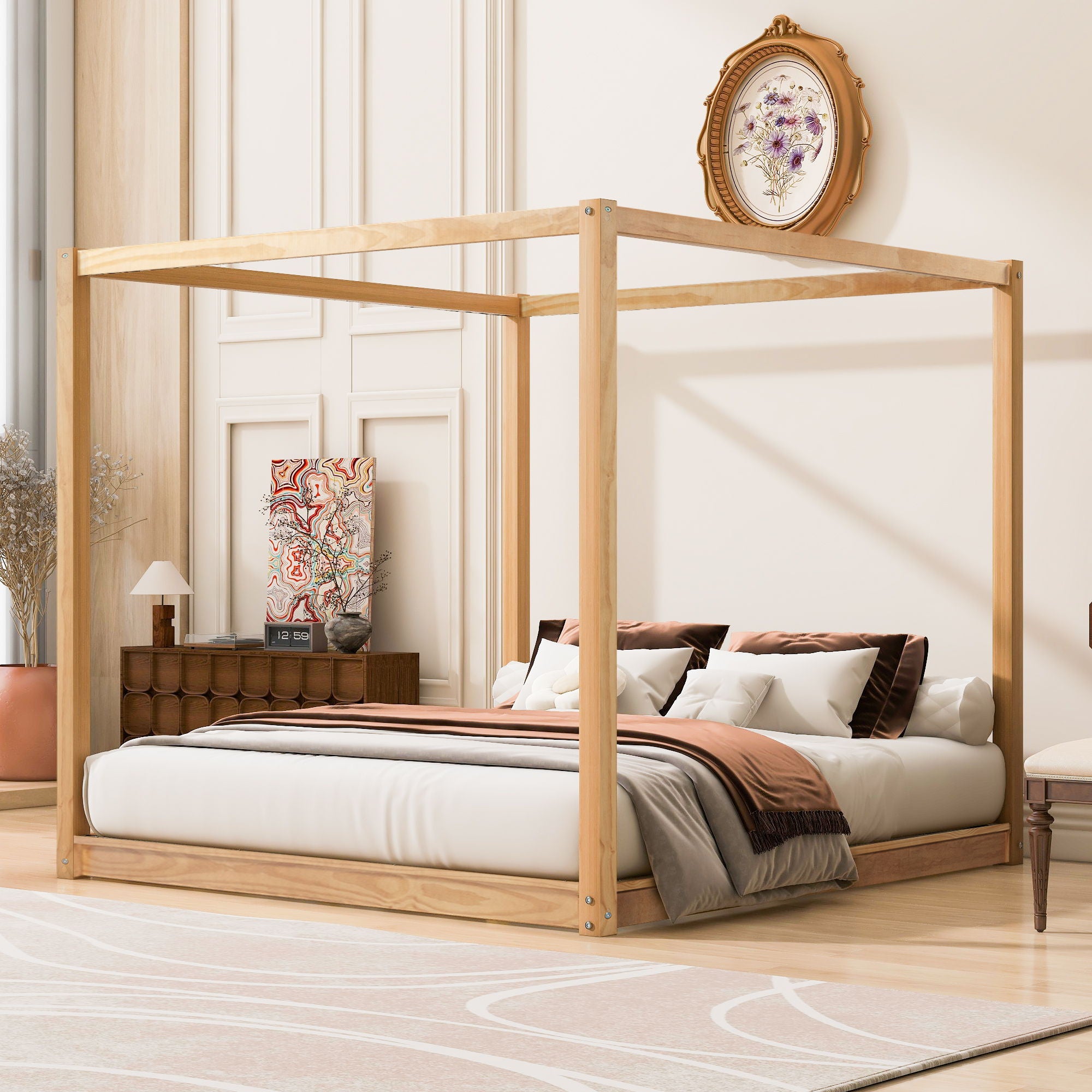 Wood Canopy Platform Bed With Support Legs And Airflow Slats
