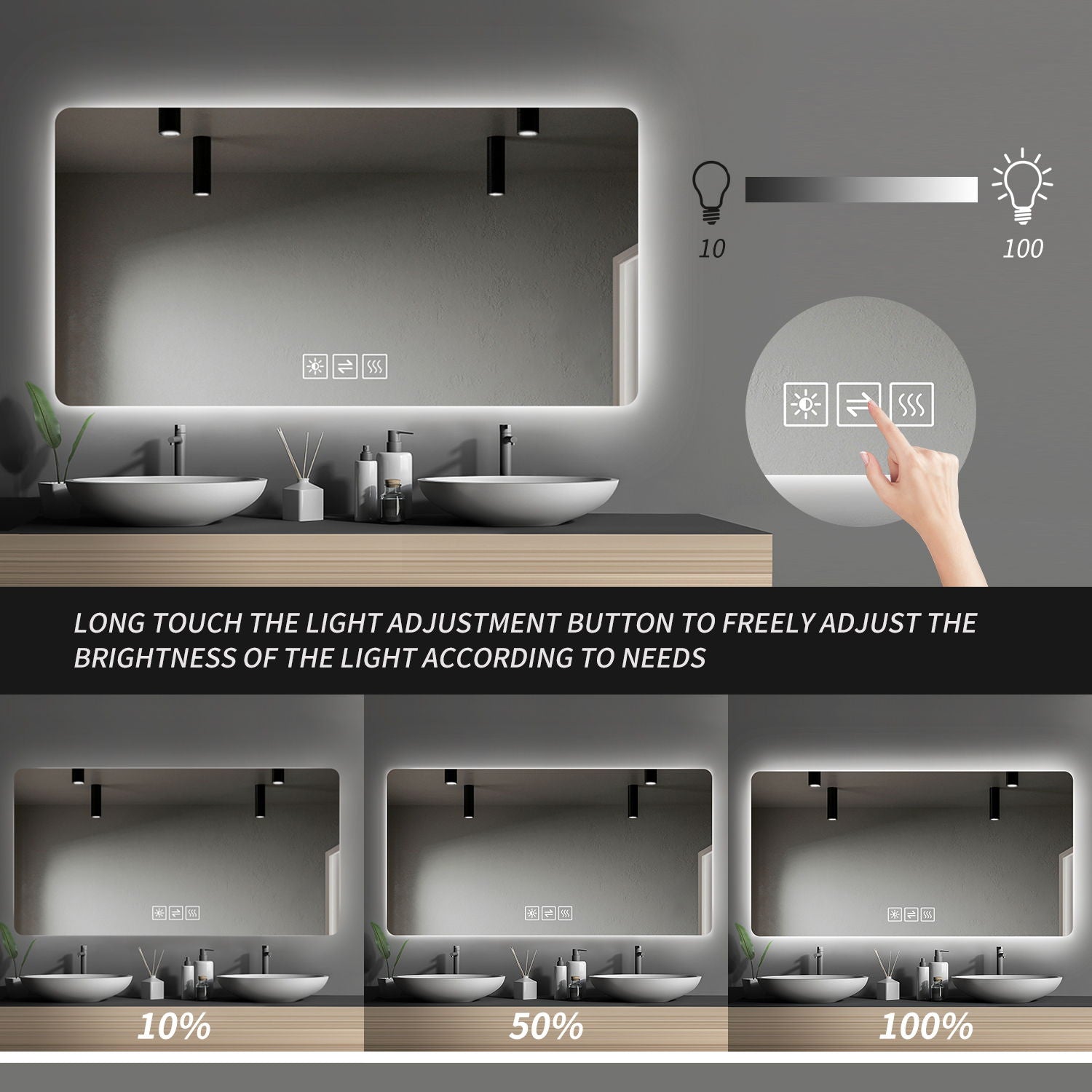 28&quot; Bathroom Mirror With LED Lights Front And Backlit, Anti-Fog Lighted Vanity Mirrors For Wall Mounted And 5 Level Dimmable, Horizontal / Vertical - Clear