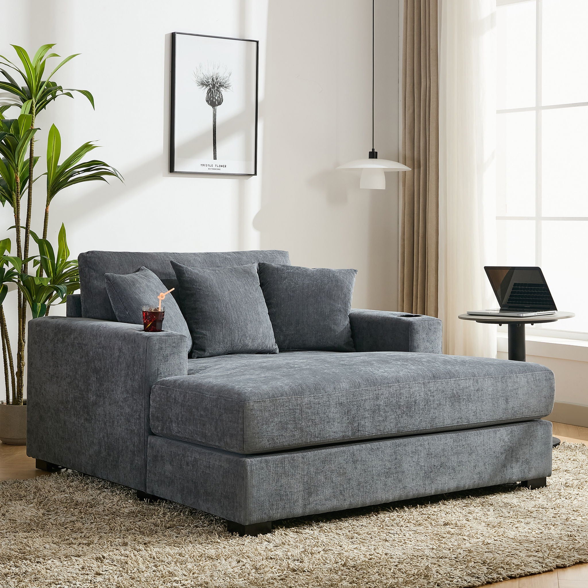 Oversized Chaise Lounger Modern Style Sofa Couch With Pillows, Charge Station &amp; Cup Holders