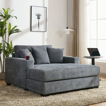 Oversized Chaise Lounger Modern Style Sofa Couch With Pillows, Charge Station &amp; Cup Holders