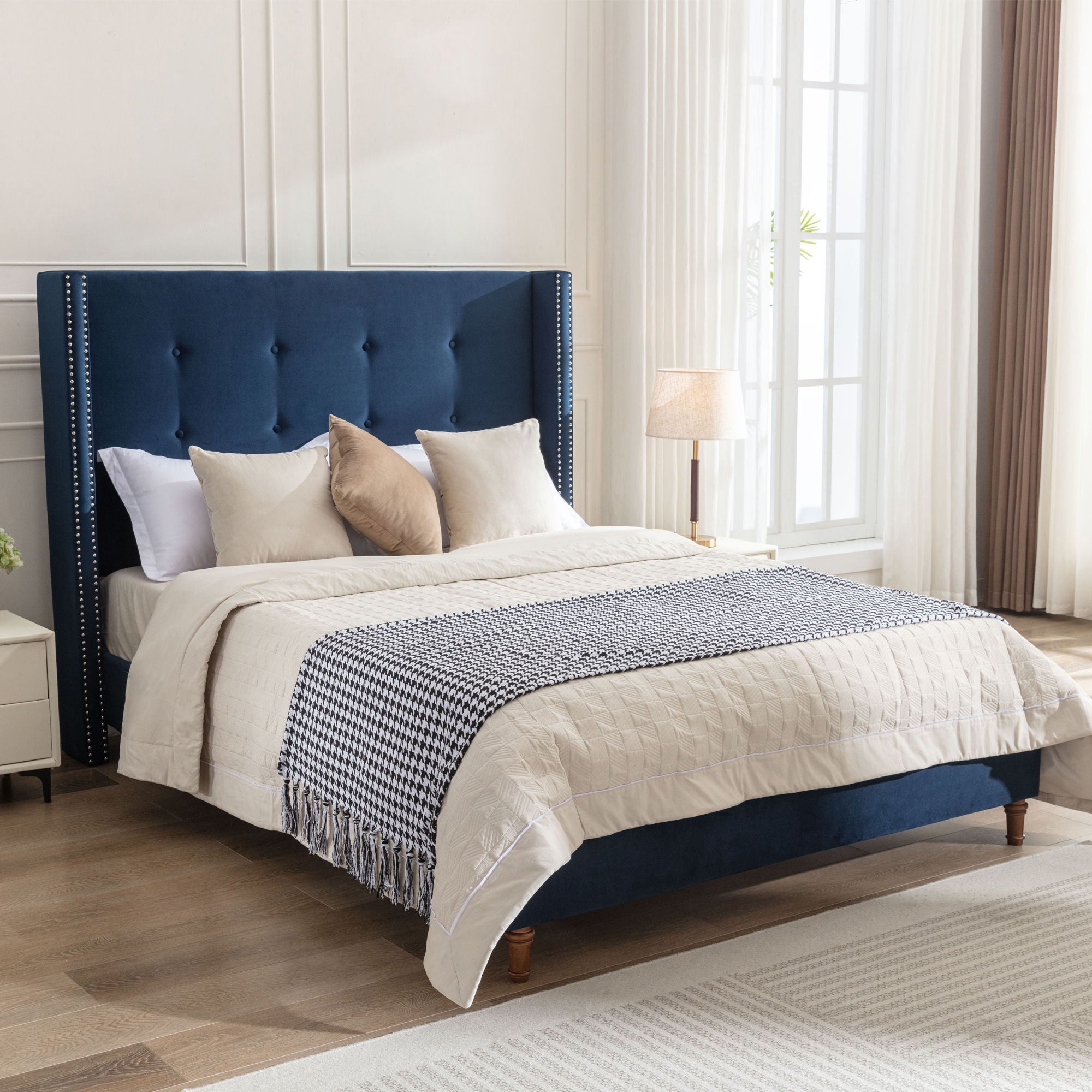 Peyton - Upholstered Bed With 54&quot; High Headboard, Traditional Hand Buttoned Tufting