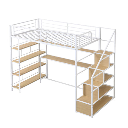 Twin Size Loft Bed With Built In Desk, Staircase Storage &amp; 4 Tier Shelves - White