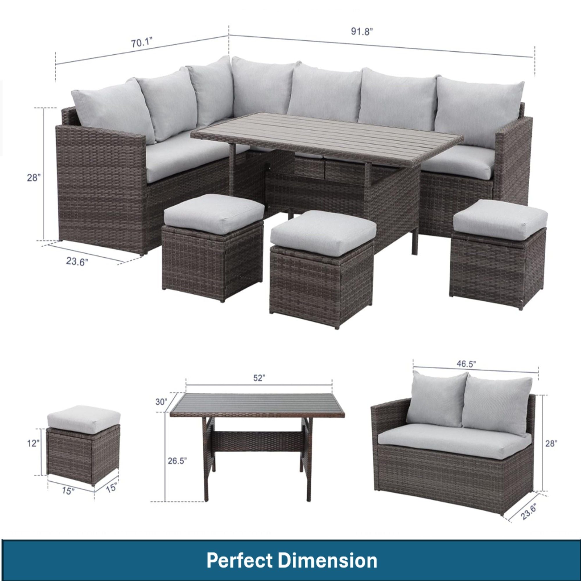 7 Piece All Weather Patio Dining Set With Cushions, Sectional Sofa, Ottomans &amp; Table For Backyard - Gray / Brown