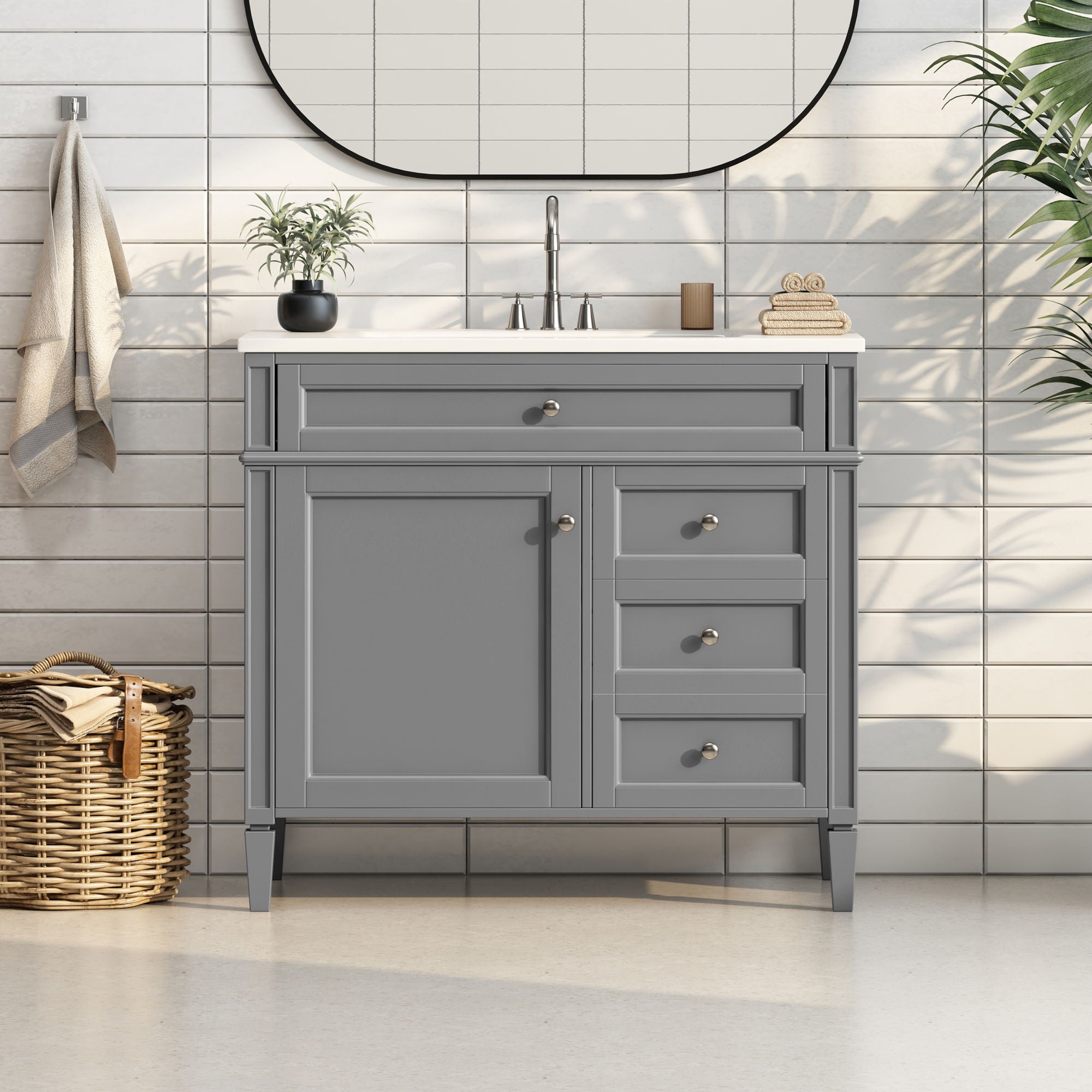 Bathroom Vanity &amp; Top Sink, Modern Bathroom Storage Cabinet With 2 Drawers And A Tip-Out Drawer