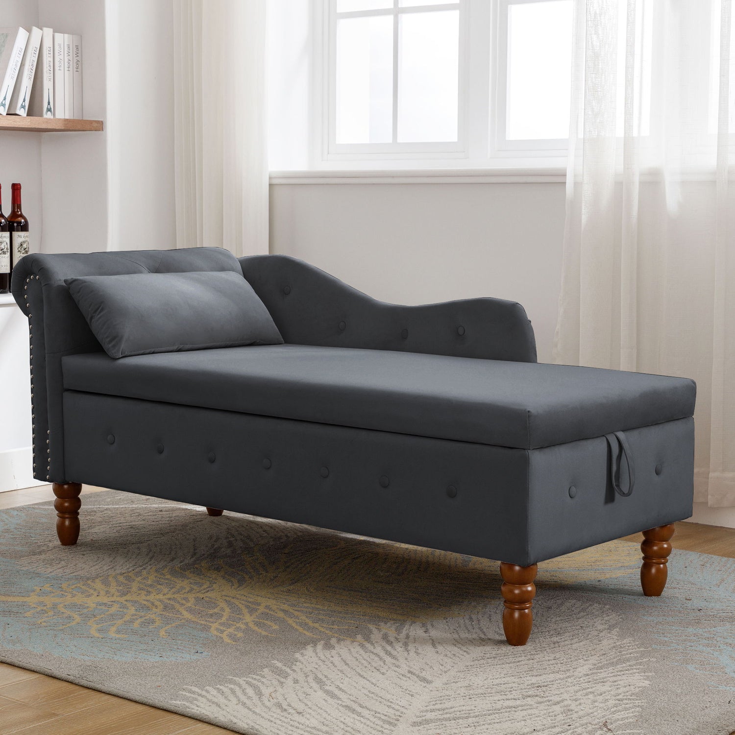 Chaise Lounge Indoor, Velvet Lounge Chair For Bedroom With Storage &amp; Pillow, Modern Upholstered Rolled Arm Chase Lounge For Sleeping With Nailhead Trim For Living Room Bedroom Office