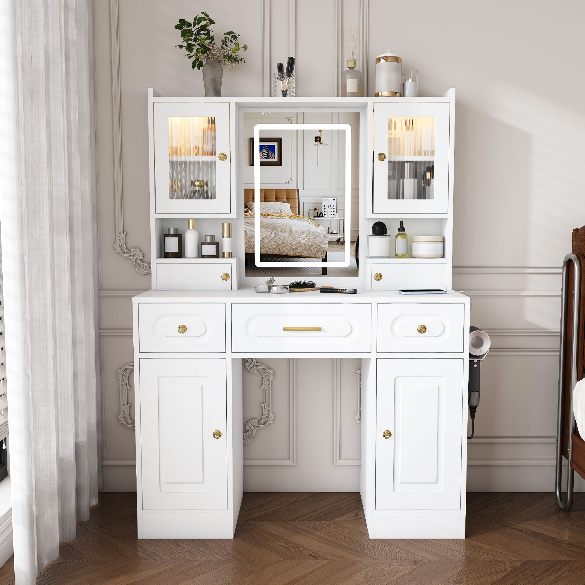 Large Vanity Table Set With Mirror, 6 Drawers &amp; Shelves, Power Socket, Hair Dryer Holder, Cabinet Light, Dressing Desk - White