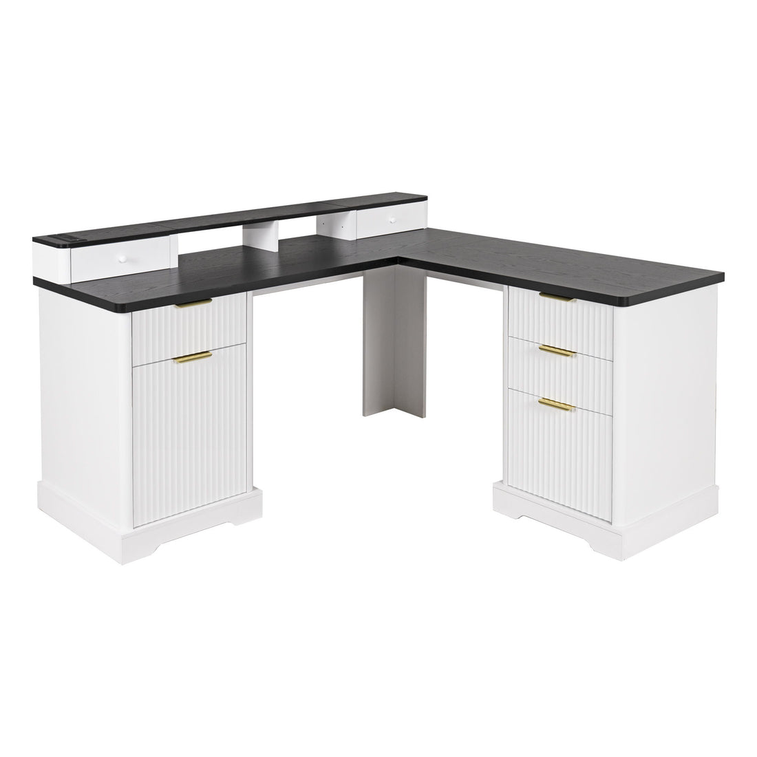 Fluted L-Shaped Desk With Charging Station &amp; Storage Cabinet