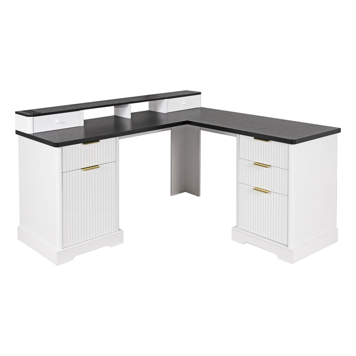 Fluted L-Shaped Desk With Charging Station &amp; Storage Cabinet