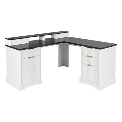 Fluted L-Shaped Desk With Charging Station &amp; Storage Cabinet