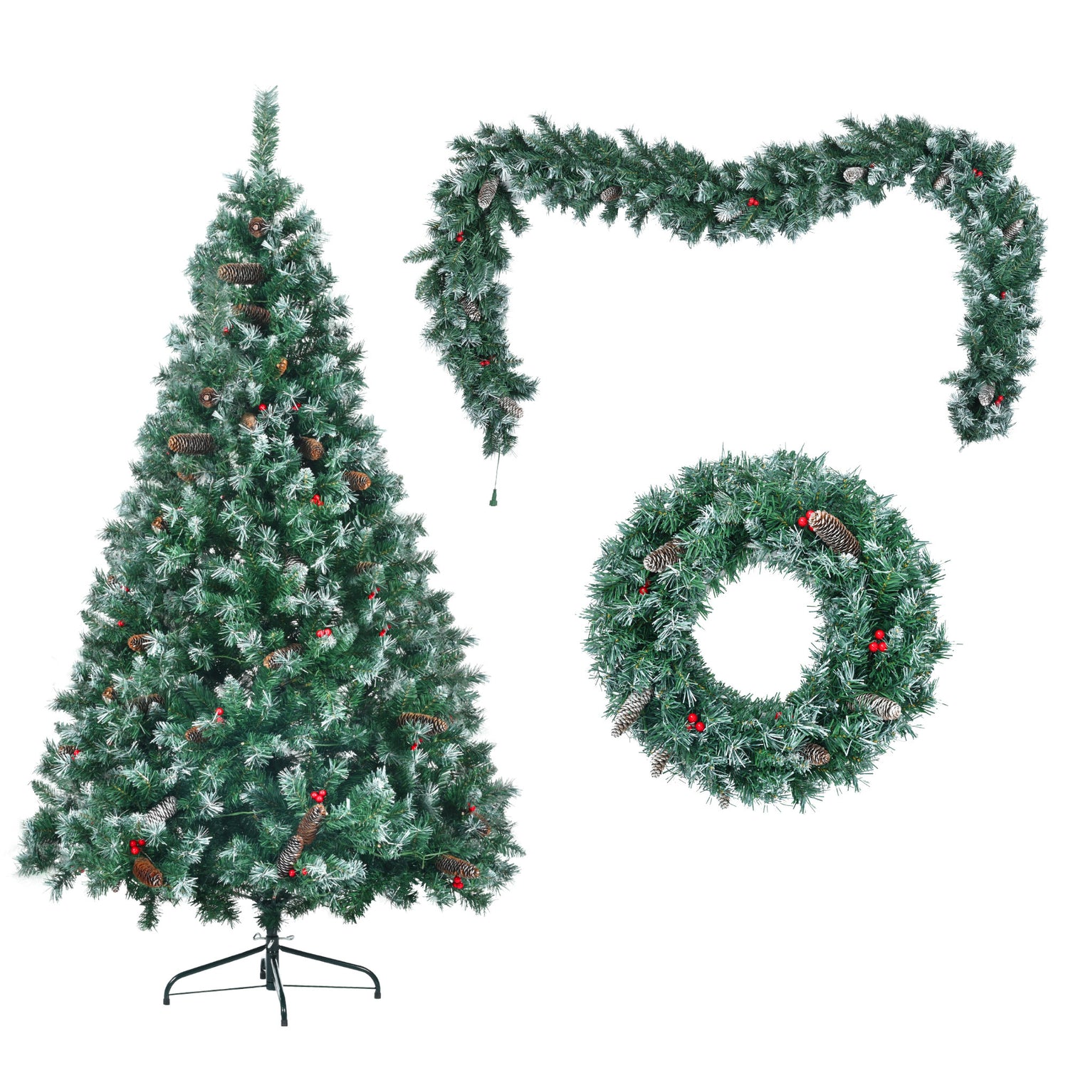 6FT Dark Green Pine Christmas Tree, Pre-Lit Set with Tree &amp; Garland &amp; Wreath, Hinged Artificial Xmas Tree with White Tips, Red Berries and Pine Cones, 11 Colorful Modes, Indoor Holiday Decoration