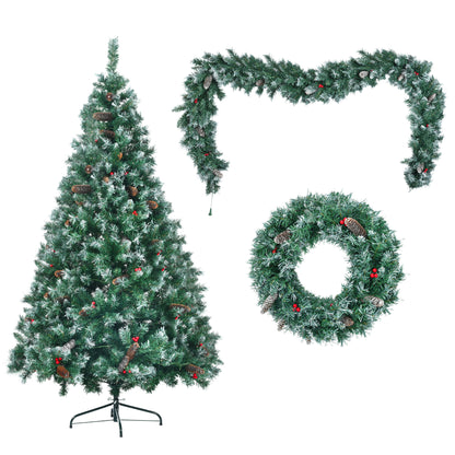 6FT Dark Green Pine Christmas Tree, Pre-Lit Set with Tree &amp; Garland &amp; Wreath, Hinged Artificial Xmas Tree with White Tips, Red Berries and Pine Cones, 11 Colorful Modes, Indoor Holiday Decoration