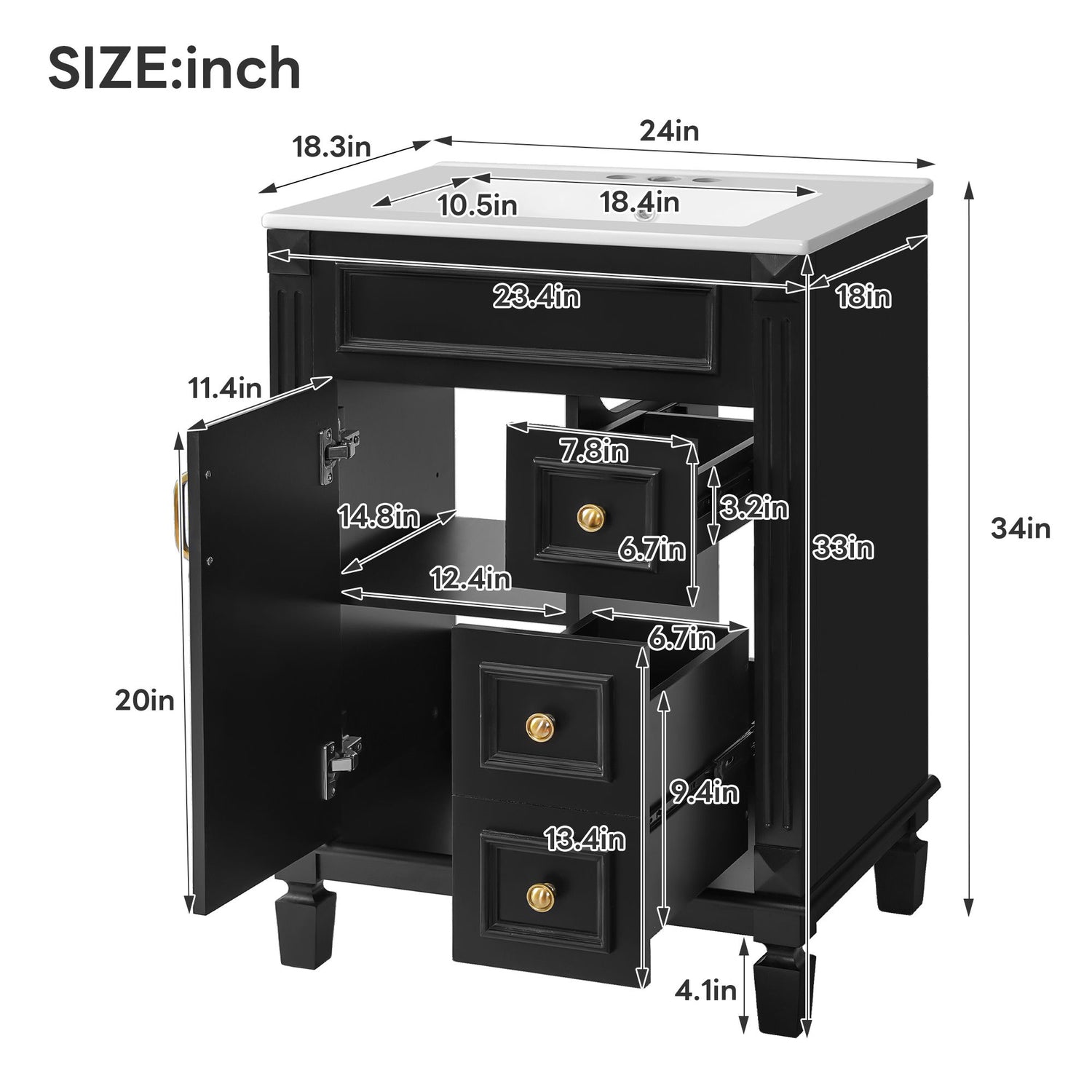 Bathroom Vanity With Sink, Compact Cabinet &amp; 2 Drawers And Adjustable Shelf