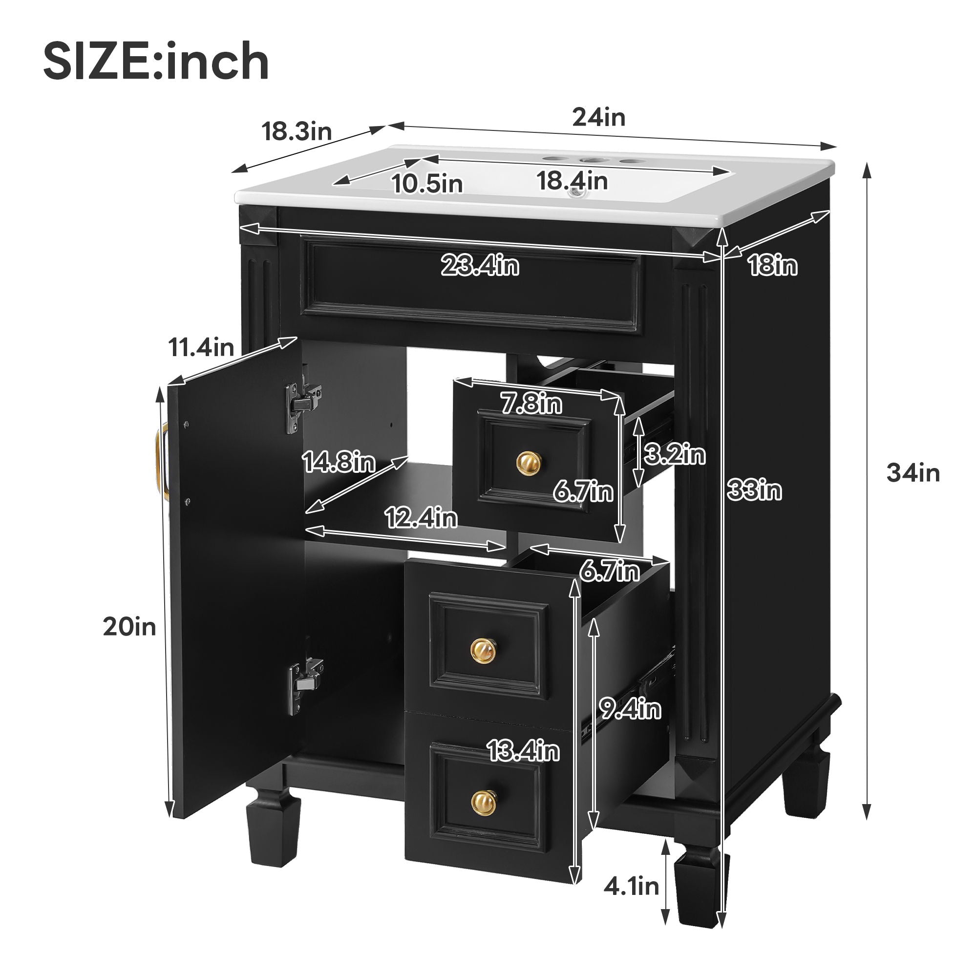 Bathroom Vanity With Sink, Compact Cabinet &amp; 2 Drawers And Adjustable Shelf