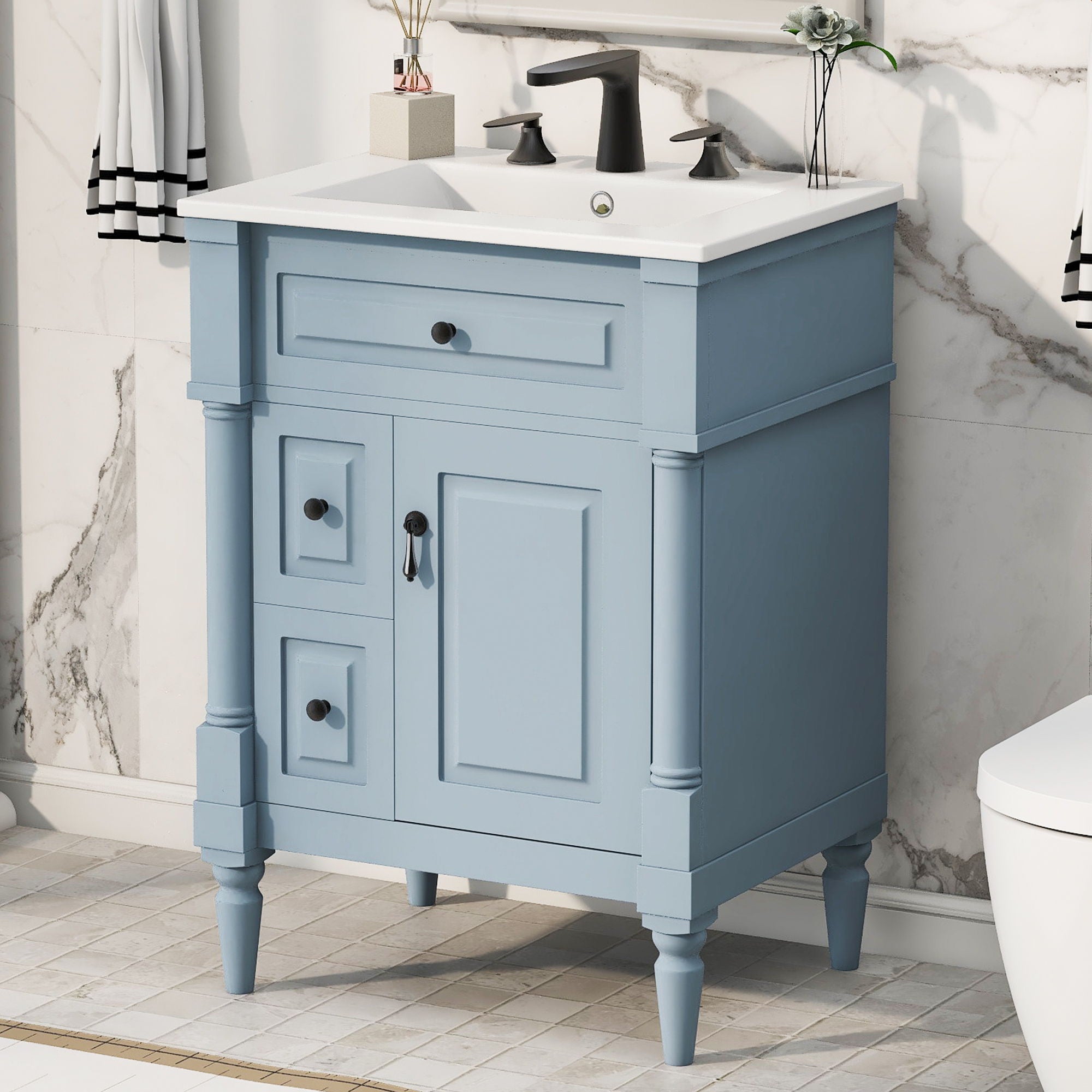 Freestanding Bathroom Vanity With Sink, Adjustable Shelf &amp; Flip Drawer