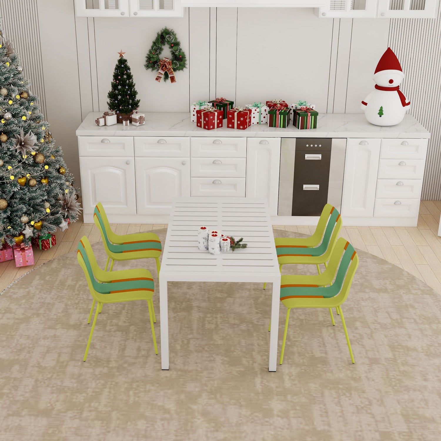 4 Piece Set Of Modern Striped Color- Blocking Single Chairs With Long Table