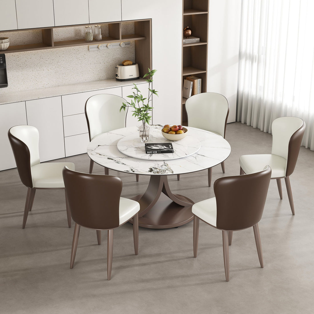 Round Dining Table With 360° Rotating Lazy Susan For Dining Room &amp; Kitchen, 6 Chairs - White